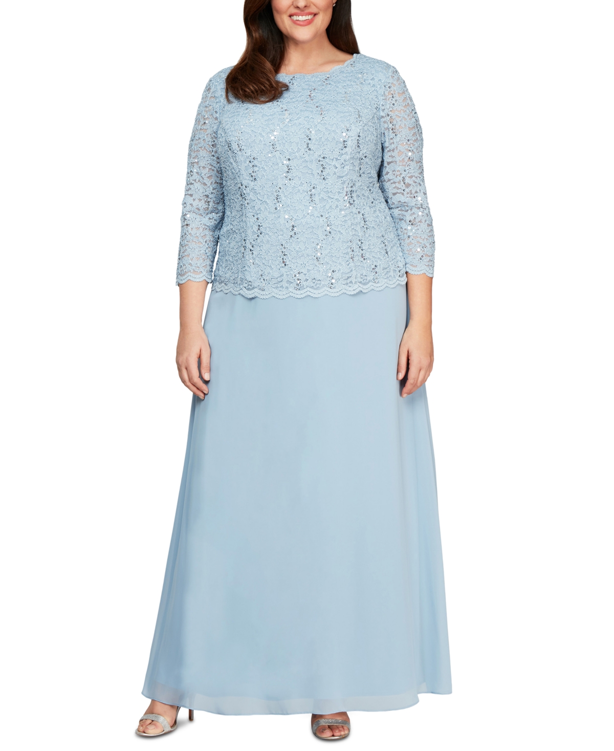 Plus Sequined Scalloped Edge Lace Top Gown - Sky Blue