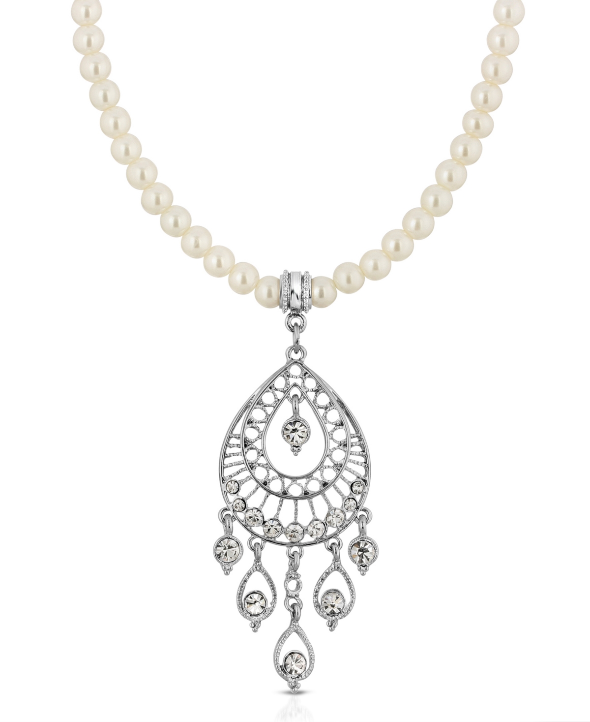 2028 Silver-tone Crystal Filigree Drop On Imitation Pearl Necklace In White