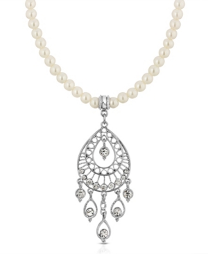 image of 2028 Silver-Tone Crystal Filigree Drop On Imitation Pearl Necklace