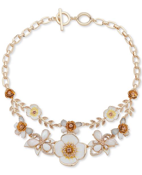 Anne Klein Gold Tone Crystal Stone Mother Of Pearl 3d Flower 17