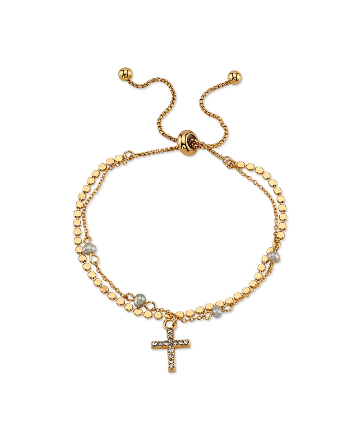 Unwritten 14k Gold Flash-plated Gray Fresh Water Pearl And Crystal Cross Double Strand Bolo Bracelet