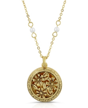 image of 2028 Gold-Tone Dipped Round Floral Locket with Imitation Pearl Chain Necklace