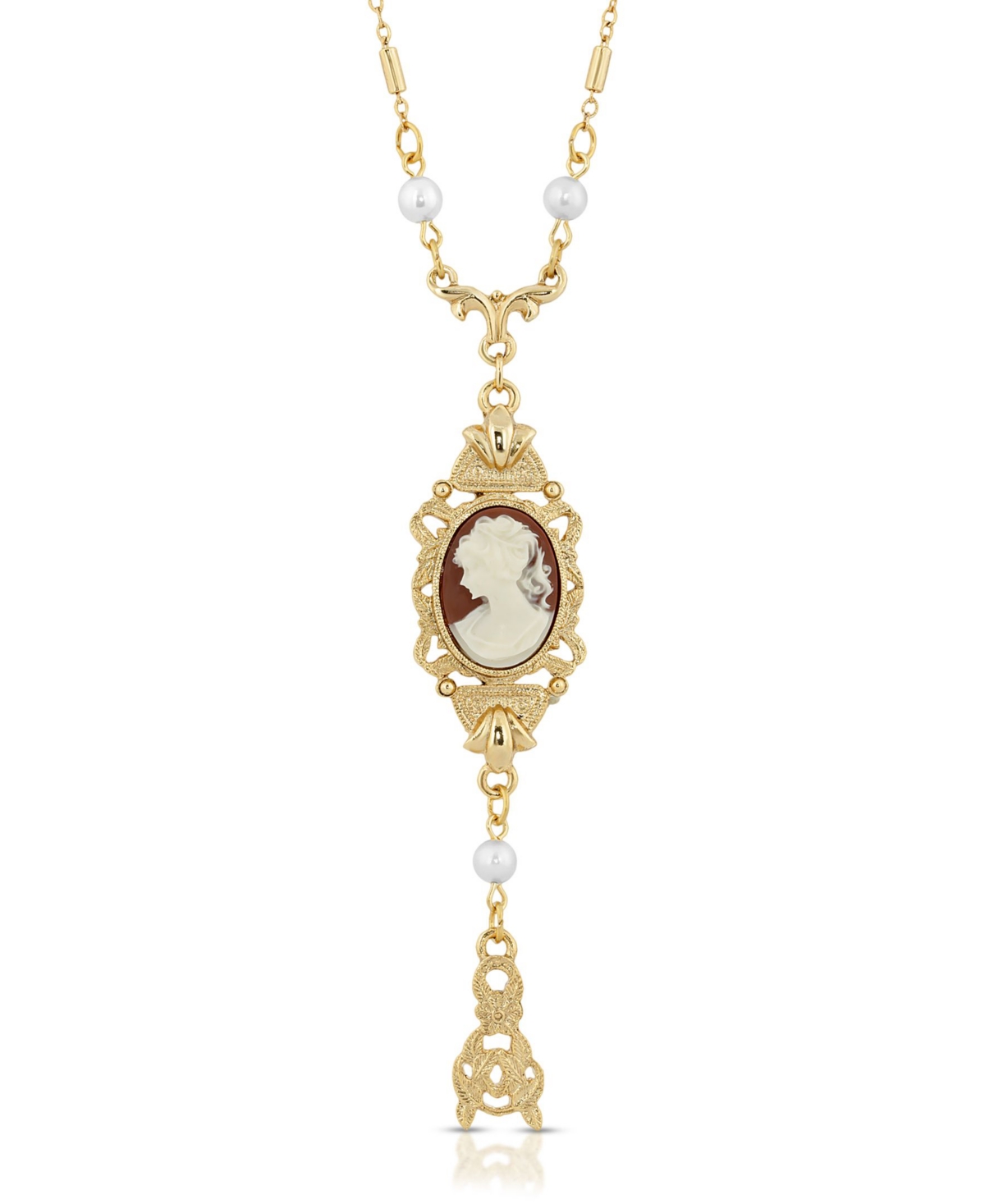 2028 Carnelian Oval Cameo With Faux Imitation Pearls Necklace In Red
