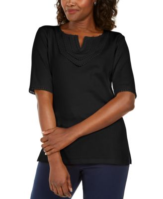 Karen Scott - Crochet-Trim Split-Neck Top