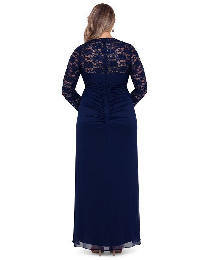 XSCAPE Plus Size Lace-Sleeve Gown - Macy's