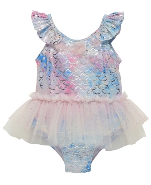 image of Wetsuit Club Infant Girls One Piece Bathing Suit Featuring Iridescent Mermaid Scales Print Accented with Tulle Skirt and Poufs