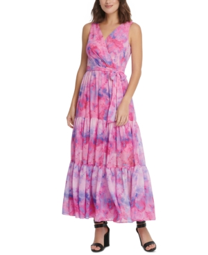 Dkny Printed Surplice Tiered Maxi Dress In Pink Combo