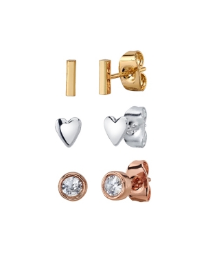 image of Unwritten Three Pair Silver Plated Tri-Tone Heart, Bar, and Bezel Cubic Zirconia Stud Earring Set