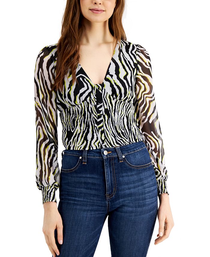 Bar III Smocked ZebraPrint Blouse, Created for Macy's Macy's