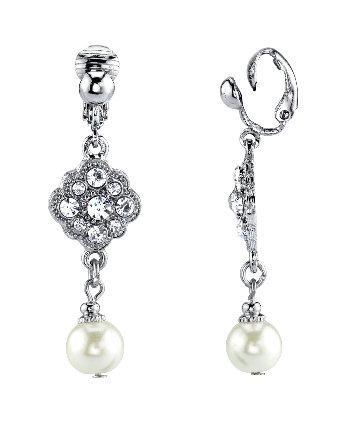 2028 Silver Tone Crystal And Imitation Pearl Drop Clip Earrings In Silver