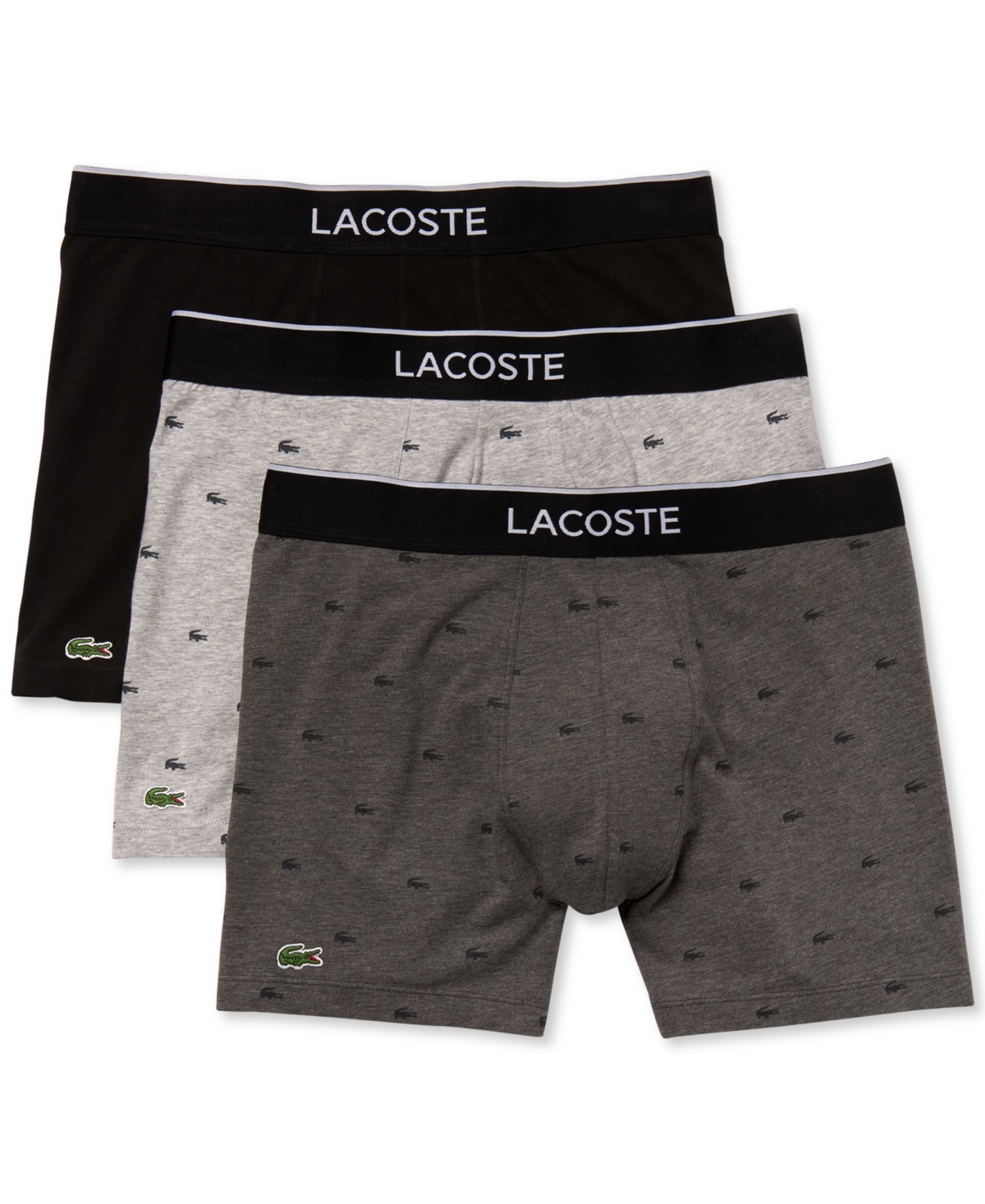 Lacoste Men's Crocodile-print Stretch Boxer Brief Set, 3-pack In Black,pitch Chine,silver-tone