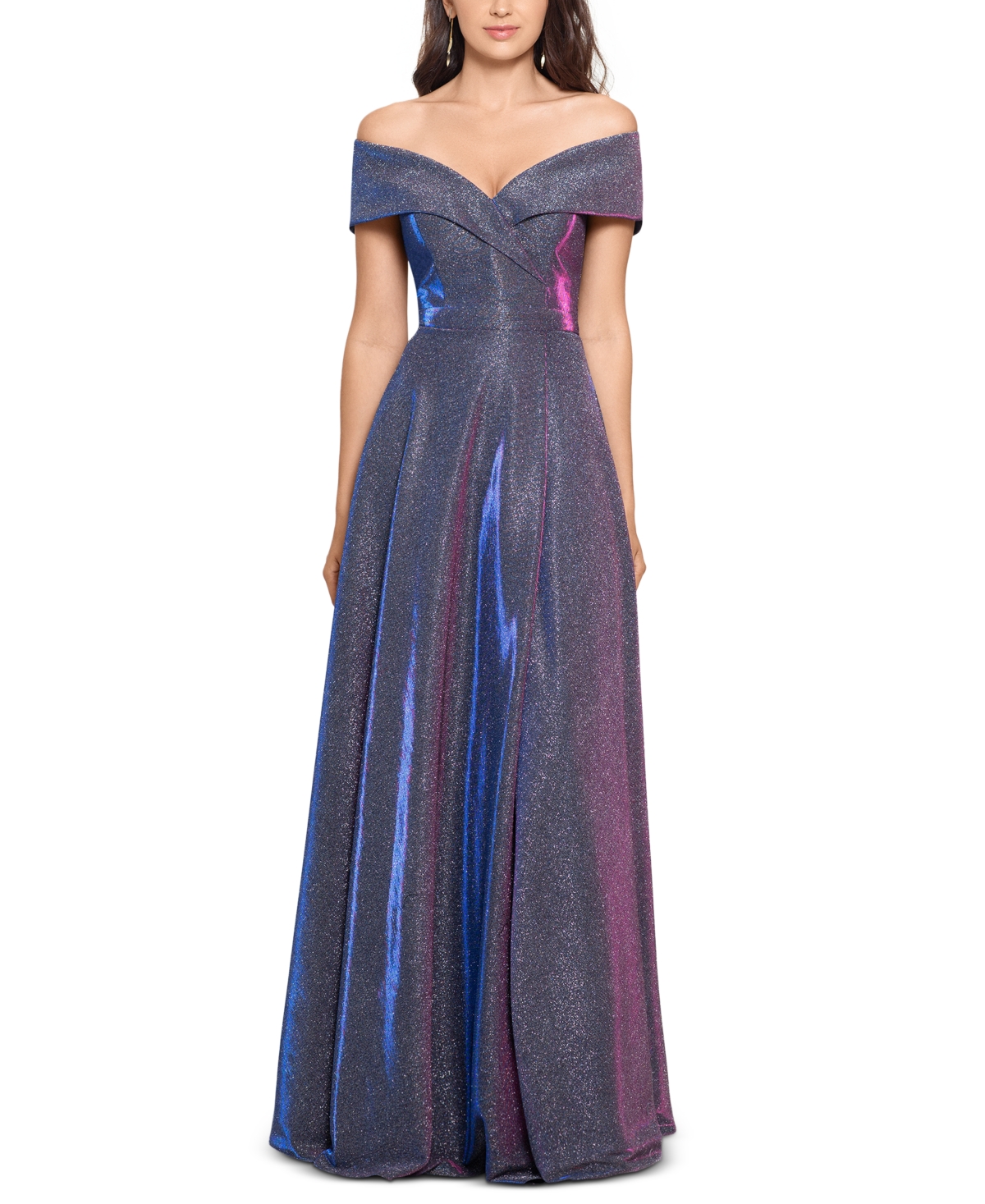 Xscape Women's Off-the-shoulder Shimmer Wrap Style Gown In Silver,fuschia