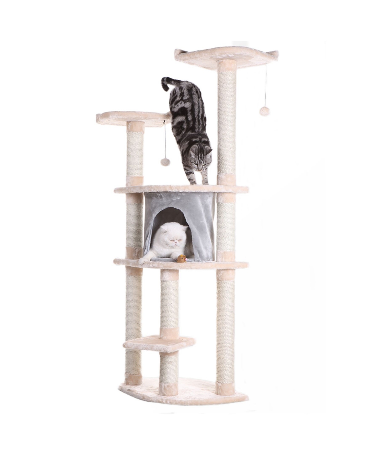 64" Real Wood Cat Tree With Scratch Post, Soft-side Playhouse - Almond