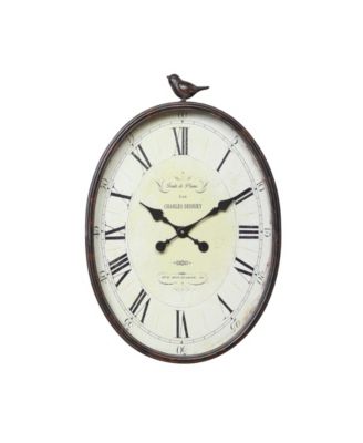 3R Studio Oval Metal Wall Clock with Bird, Antique-Like Bronze
