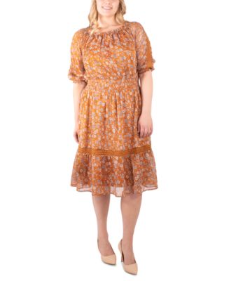 NY Collection Plus Size Printed Crochet-Trim Peasant Dress - Macy's