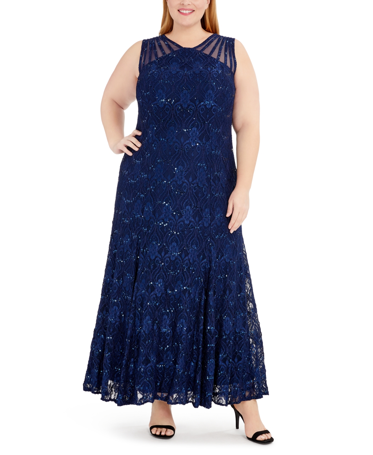 Plus Size Sequin Lace Gown - Charcoal Gray
