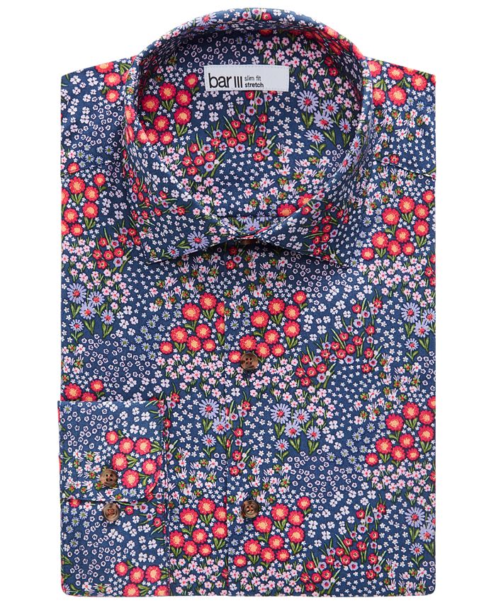 Bar III Men's Organic Cotton Floral-Print Slim Fit Dress Shirt, Created ...