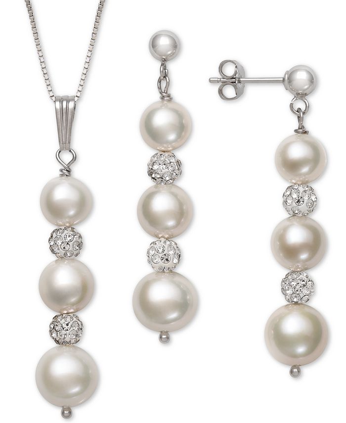 Macy's - 2-Pc. Set Cultured Freshwater Pearl (6-8-1/2mm) & Crystal Pendant Necklace & Matching Drop Earrings in Sterling Silver
