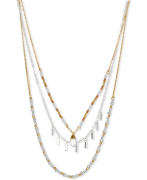 image of Lucky Brand Two-Tone Layered Bead & Stone Three-Row Necklace, 20-1/2