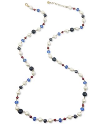 Charter Club - Gold-Tone Red, White & Blue Bead & Imitation Pearl Strand Necklace, 42" + 2" extender