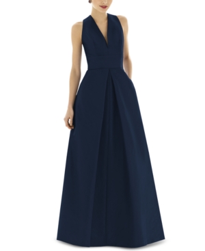 Alfred Sung V-neck Sleeveless A-line Gown W/ Inverted Pleat In Midnight Blue
