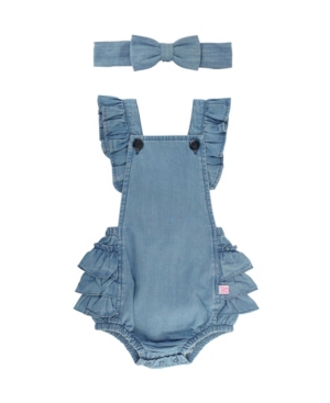 RuffleButts Baby Girl Light Wash Denim Romper and Headband Set