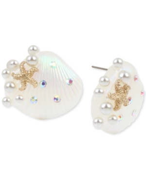 image of Betsey Johnson Gold-Tone Pave & Imitation Pearl Seashell Button Earrings