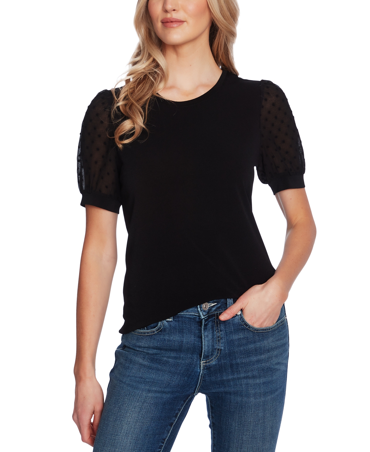 Cece Women's Short Puff Sleeve Mixed Media Knit Top In Rich Black