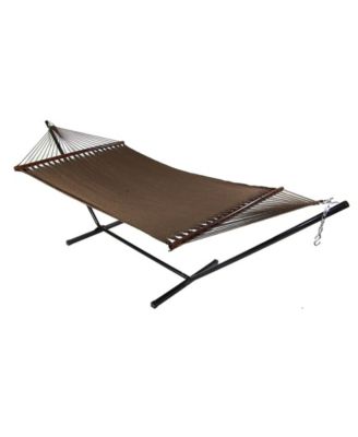 Outdoor 2-Person Double Polyester Rope Hammock with Wood Spreader Bar and 15ft Black Steel Stand