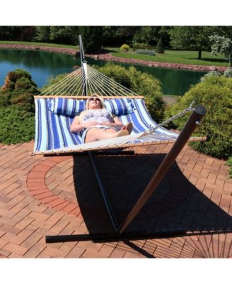 Outdoor 2-Person Quilted Fabric Hammock with Spreader Bars and Freestanding Stand
