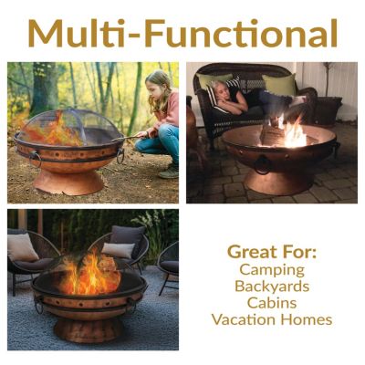 Outdoor Camping or Backyard Large Round Fire Pit Bowl with Handles and Spark Screen - 30" - Copper Finish