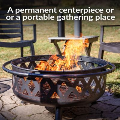 Outdoor Camping or Backyard Crossweave Cut Out Fire Pit with Spark Screen, Log Poker, and Metal Wood Grate - Bronze