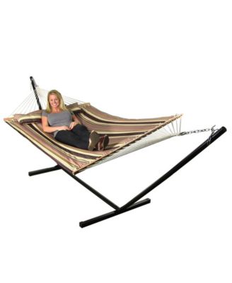Outdoor 2-Person Quilted Fabric Hammock with Spreader Bars and Freestanding Stand