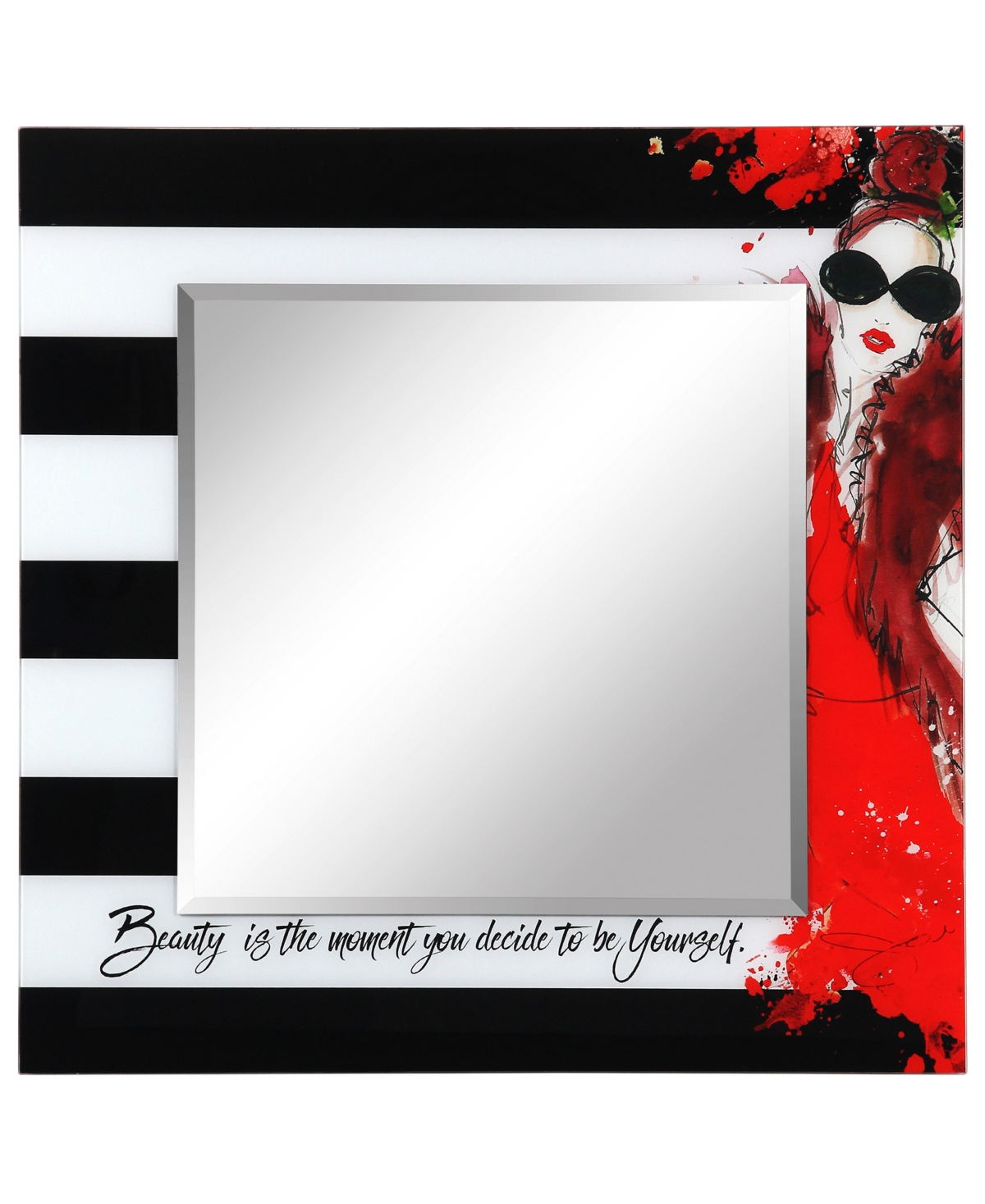 Fashion Square Beveled Wall Mirror on Free Floating Reverse Printed Tempered Art Glass, 36" x 36" x 0.4" - Multi