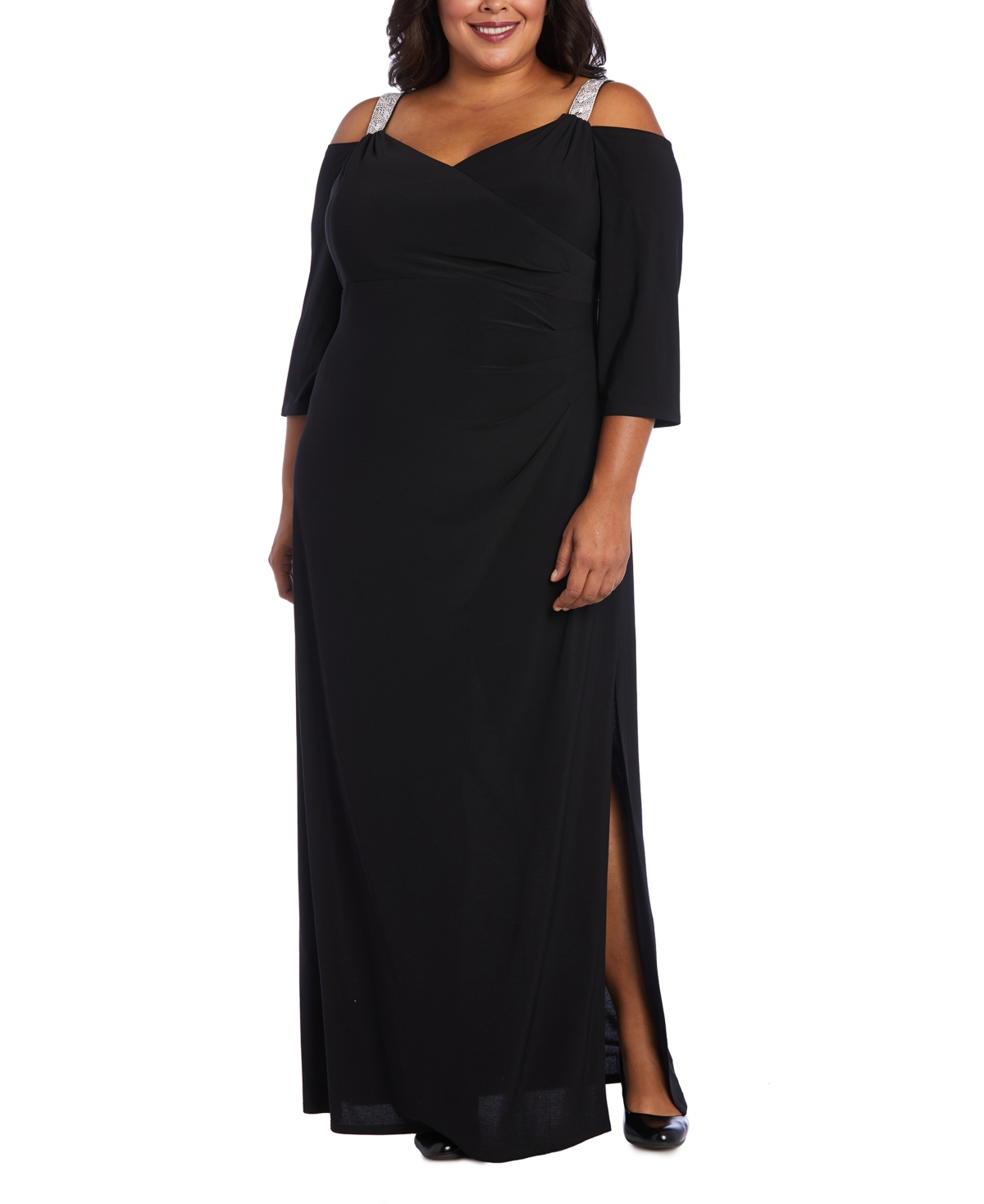 Plus Size Embellished Cold-Shoulder Gown - Black