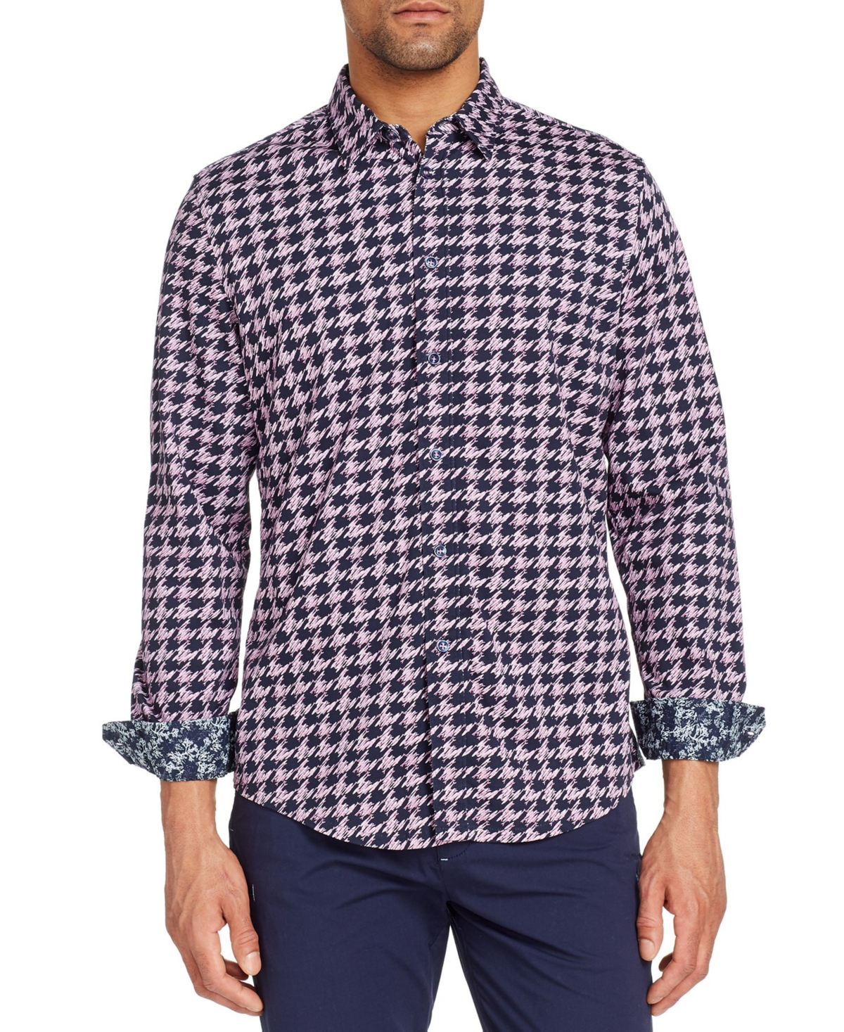 Men's Slim-Fit All Knit Queensland Long Sleeve Shirt - Navy, Pink