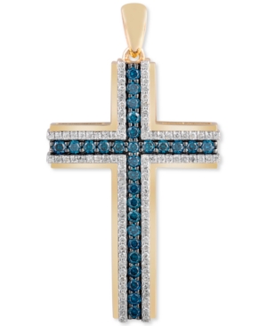 image of Men-s Blue & White Diamond Cross Pendant (1 ct. t.w.) in 14k Gold