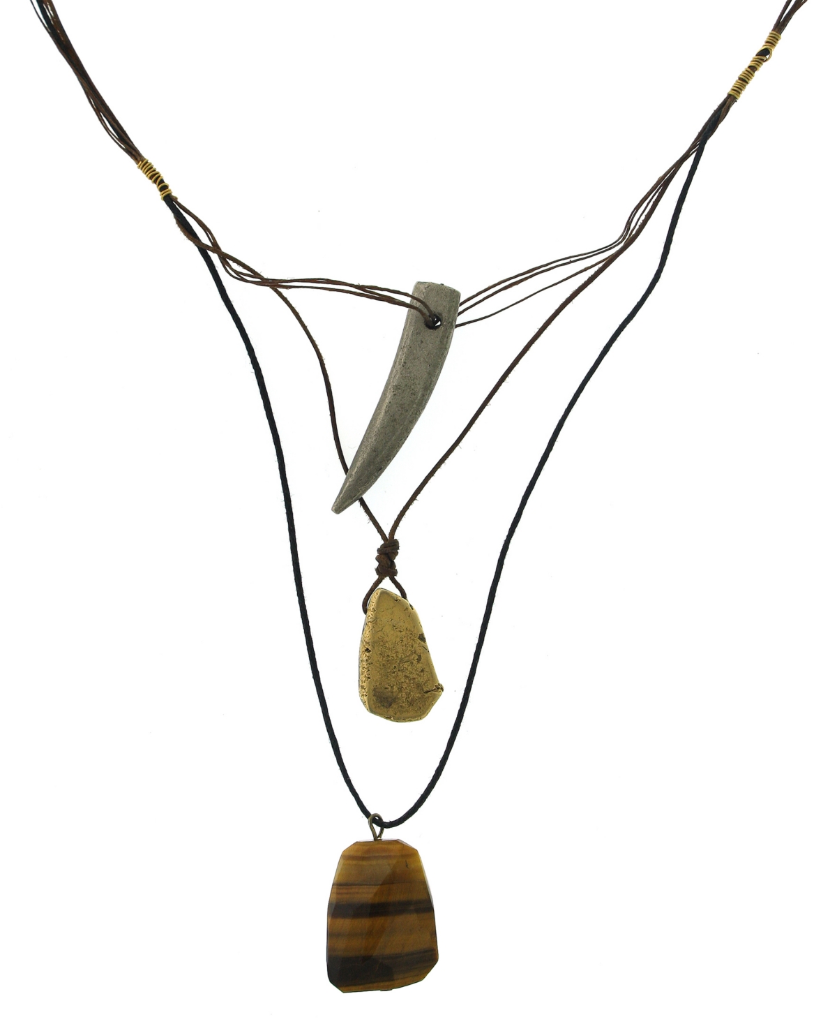 1928 T.r.u. By  Waxed Linen Wire 3 Drop With Semi-precious Tiger's Eye Y-necklace In Brown
