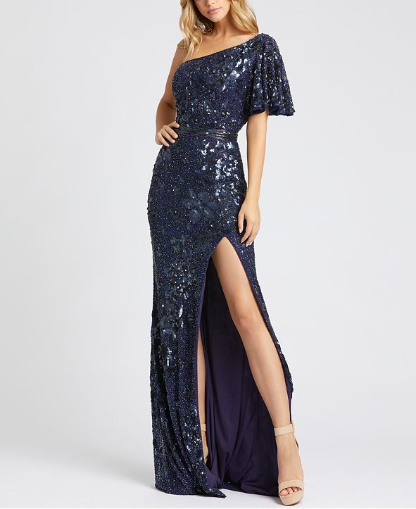 MAC DUGGAL One-Shoulder Butterfly-Sleeve Sequinned Gown ...