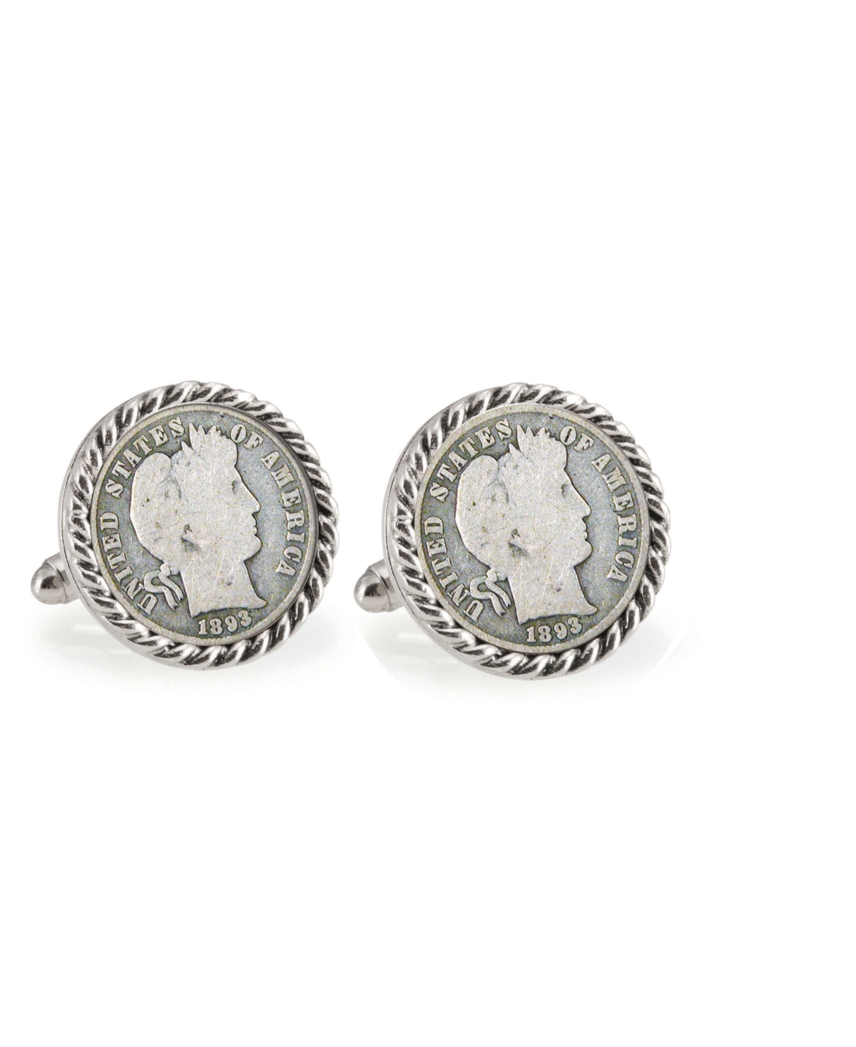 1800's Silver Barber Dime Rope Bezel Coin Cuff Links - Silver