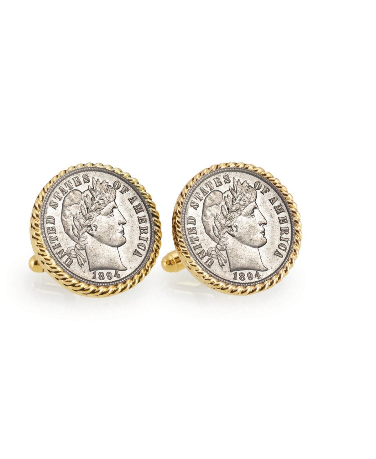 1800's Silver Barber Dime Rope Bezel Coin Cuff Links - Gold