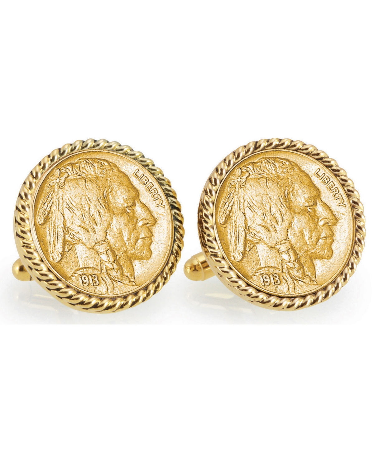 Gold-Layered 1913 First-Year-Of-Issue Buffalo Nickel Rope Bezel Coin Cuff Links - Gold
