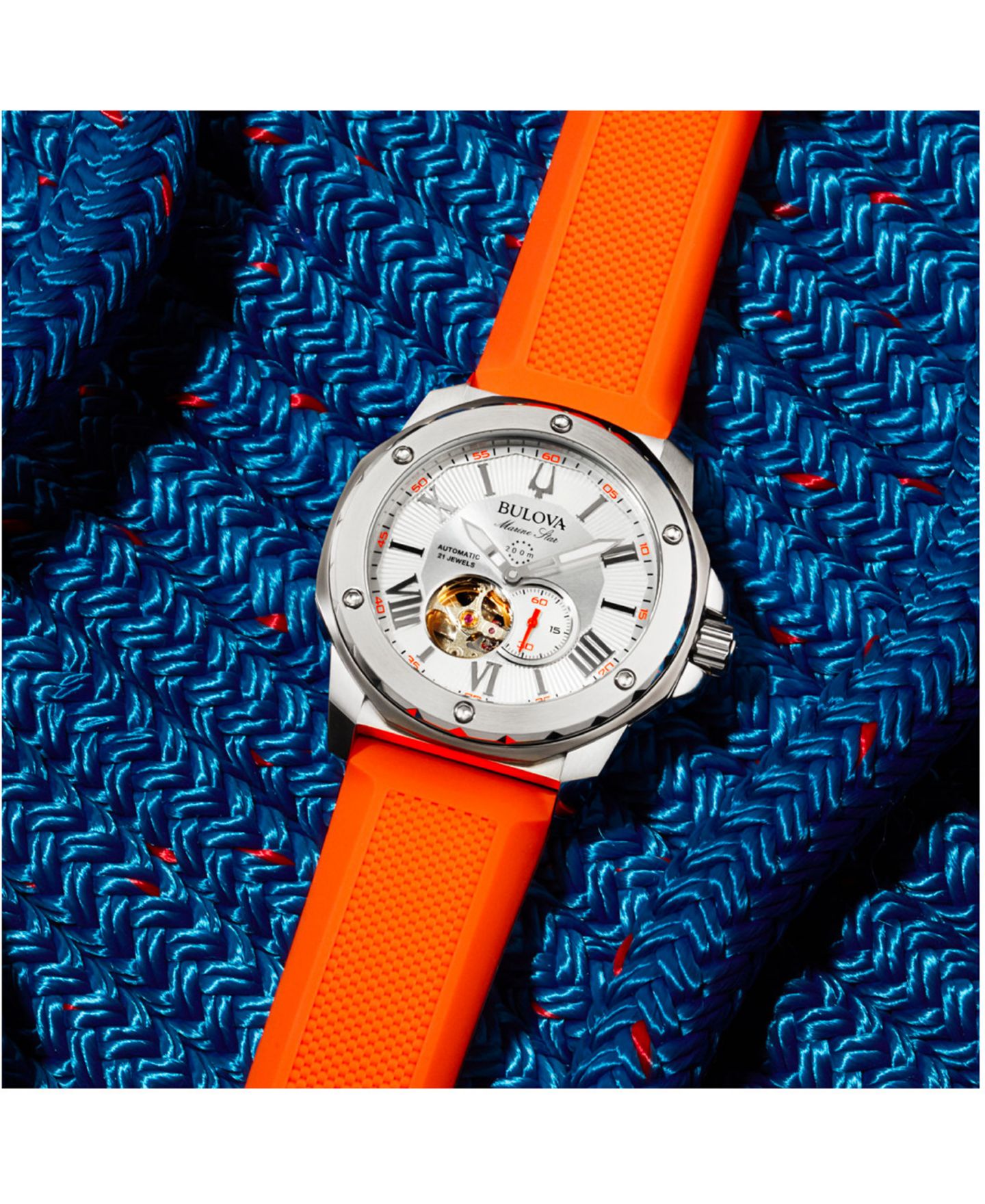 Мужские часы Bulova Automatic Marine Star Orange Silicone Strap Watch 45mm, цвет: Оранжевый / Белый — фото 6