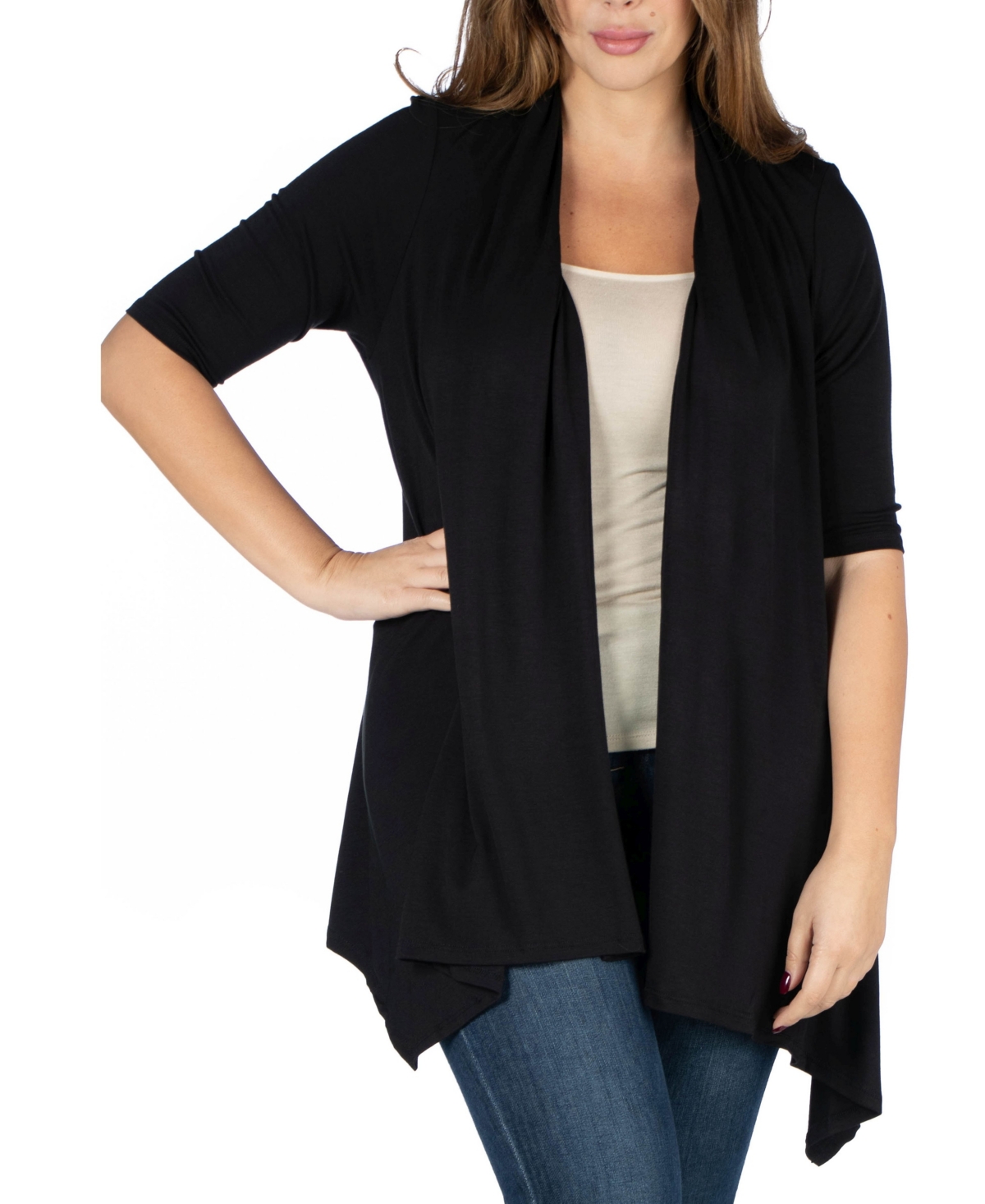 24SEVEN COMFORT APPAREL PLUS SIZE ELBOW LENGTH OPEN FRONT CARDIGAN SWEATER 
