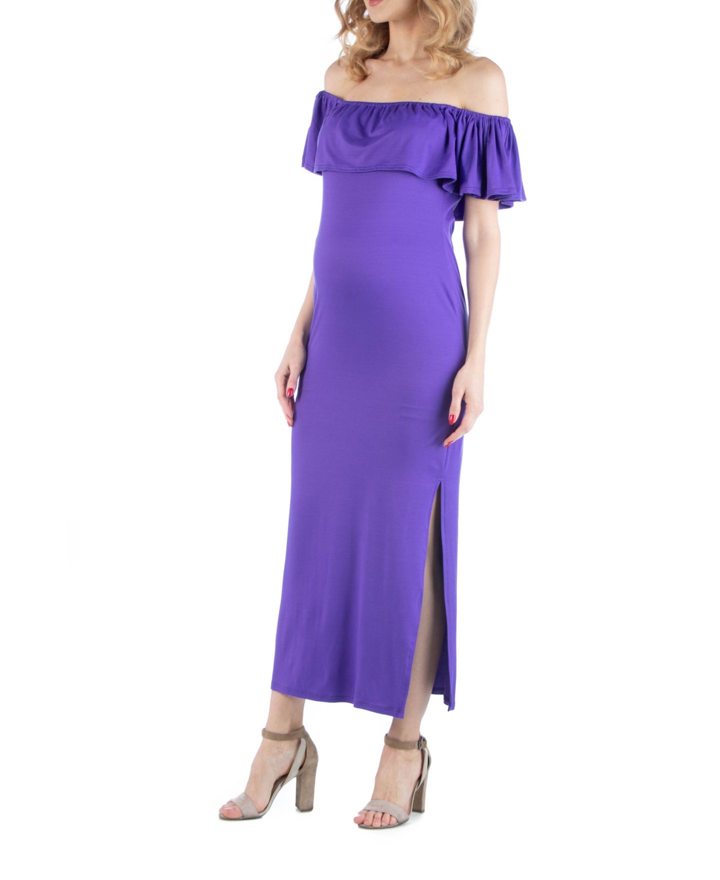 Женское платье 24seven Comfort Apparel Off Shoulder Ruffle Detail Maternity Maxi, цвет: Фиолетовый — фото 2