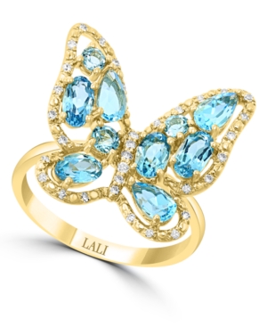 image of Lali Jewels Swiss Blue Topaz (2-1/20 ct. t.w.) & Diamond (1/6 ct. t.w.) Butterfly Ring in 14k Gold