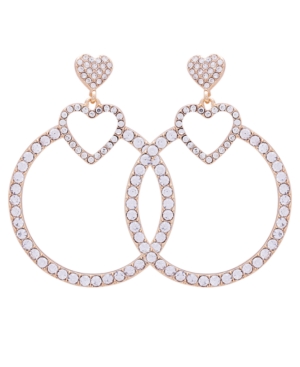 image of Guess Gold-Tone Crystal Heart Front-Facing Drop Hoop Earrings