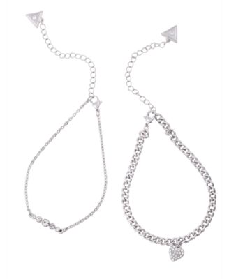 GUESS - Silver-Tone 2-Pc. Set Crystal & Pav&eacute; Heart Charm Ankle Bracelets