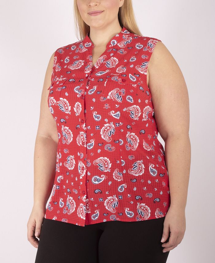 NY Collection Women's Plus Size Printed Sleeveless Utility Shirt
