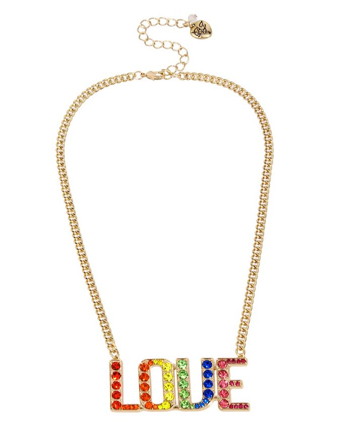 Betsey Johnson Rainbow Stone LOVE Pendant Necklace in Gold-tone 